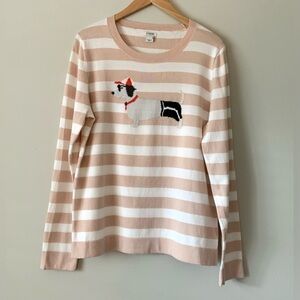 J. Crew Beige and White Striped Sweater with Intarsia Dog Beach Dog Sz L Teddie